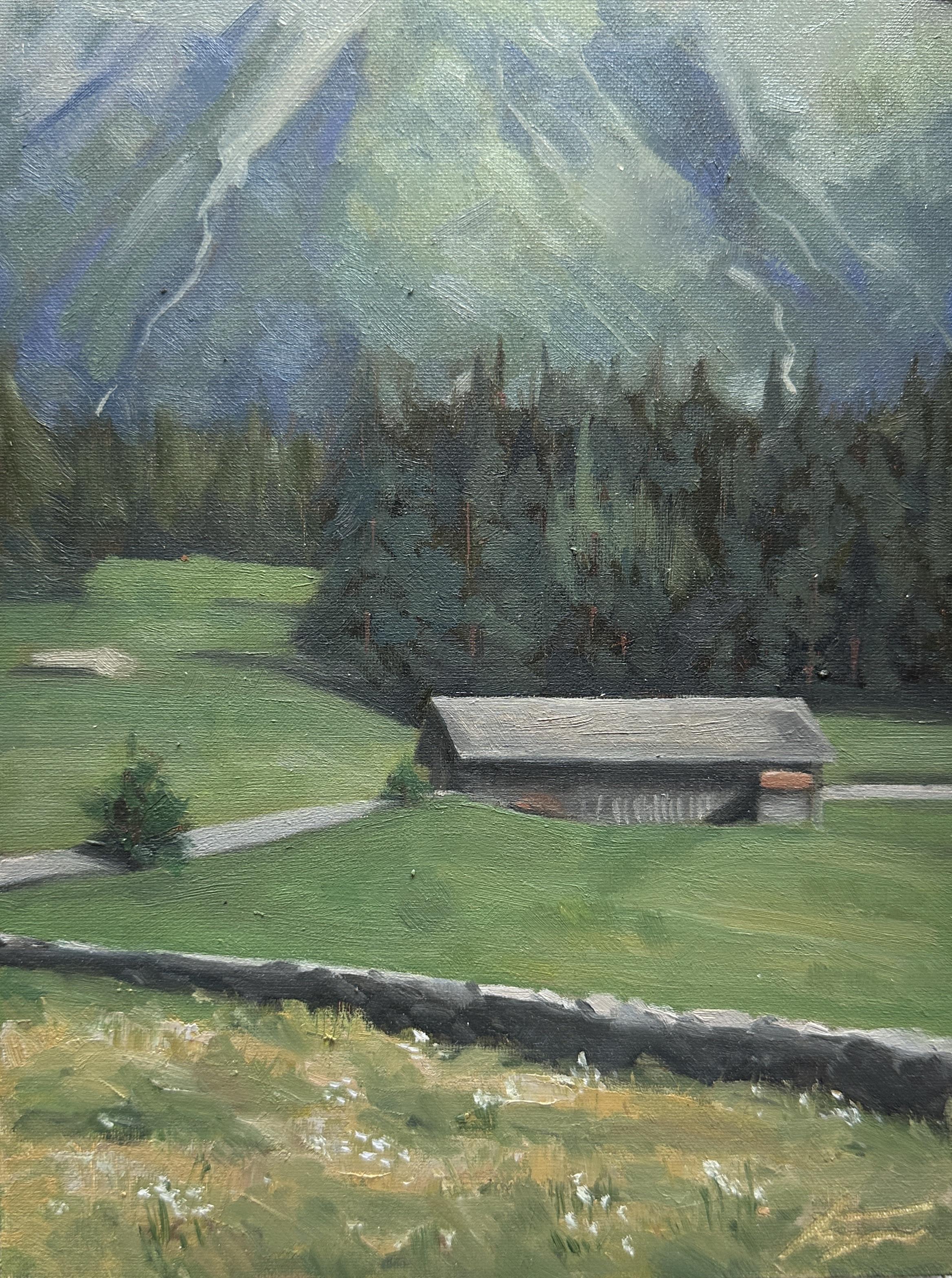 Alpine barn landscape, saraallaprima (me), oil on canvas panel (24x18cm ...
