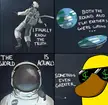 Dank meme of an astronaut in a NASA spacesuit discovering the world is neither round nor flat in outer space.