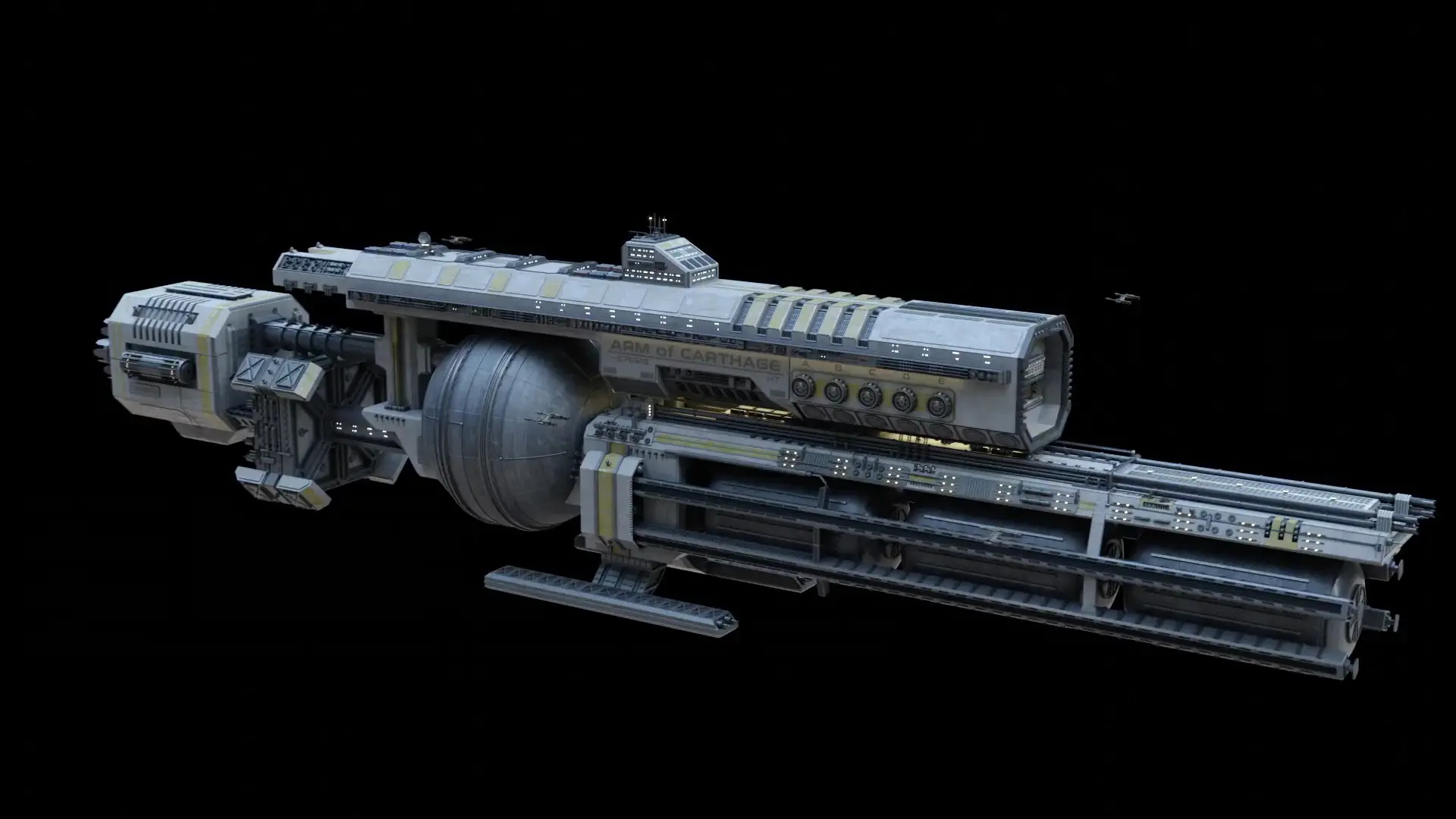 Arm of Carthage, heavy industrial ship. Modelled by me in Blender