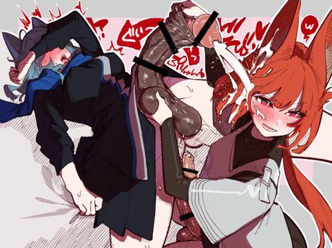 Futanari anime art featuring busty and muscular girls with animal ears and size difference penises.