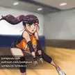 Anime volleyball girl with purple ponytail and orange uniform experiencing hyper body expansion