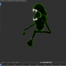 Lubglubs, a creepy green toothy monster, dancing in a 3D software viewport for Imaginary Ooo concept art.