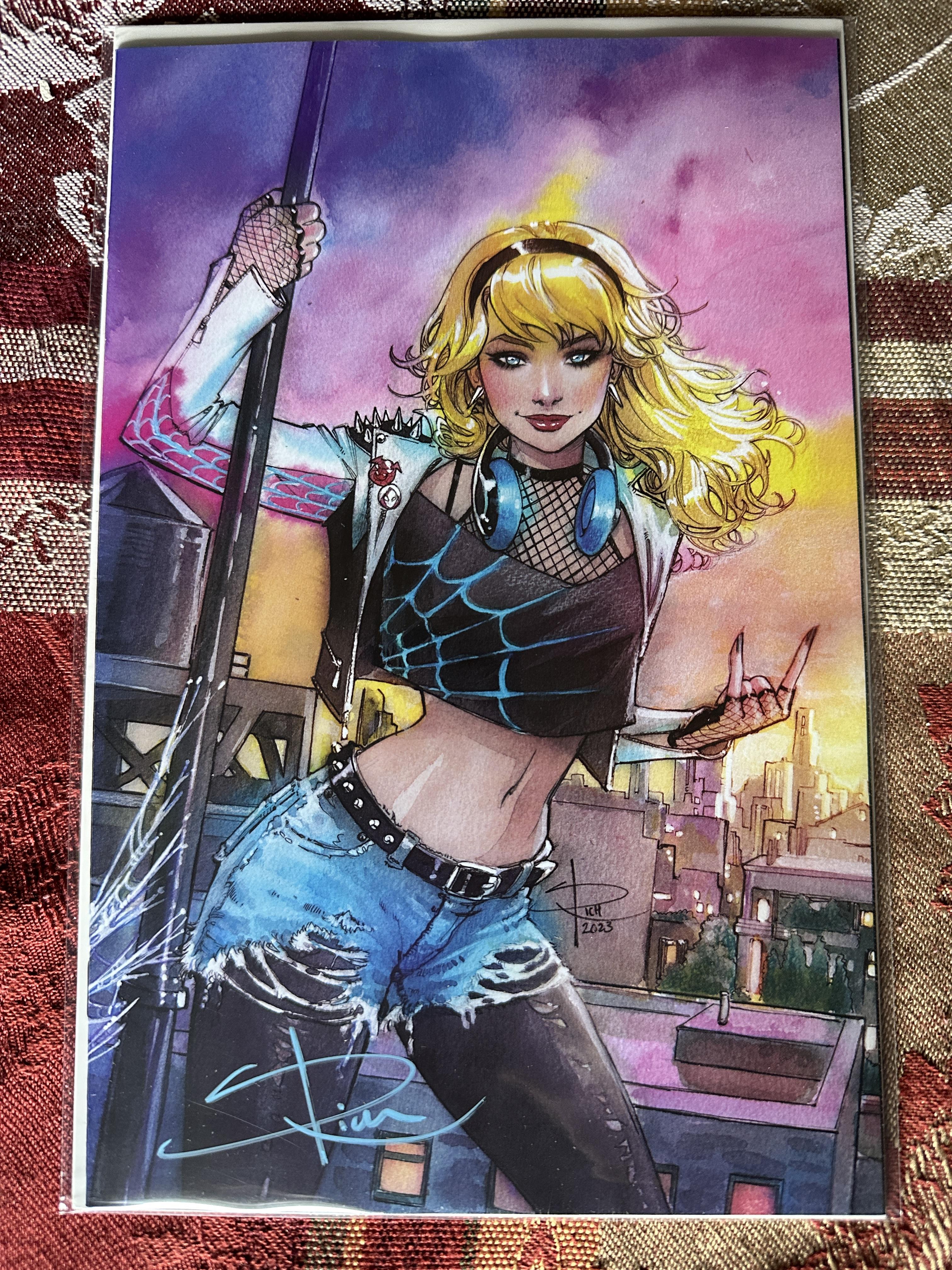 Gwen variant comic book covers featuring a blonde woman in a blue crop top, ripped jeans, and various bodysuits