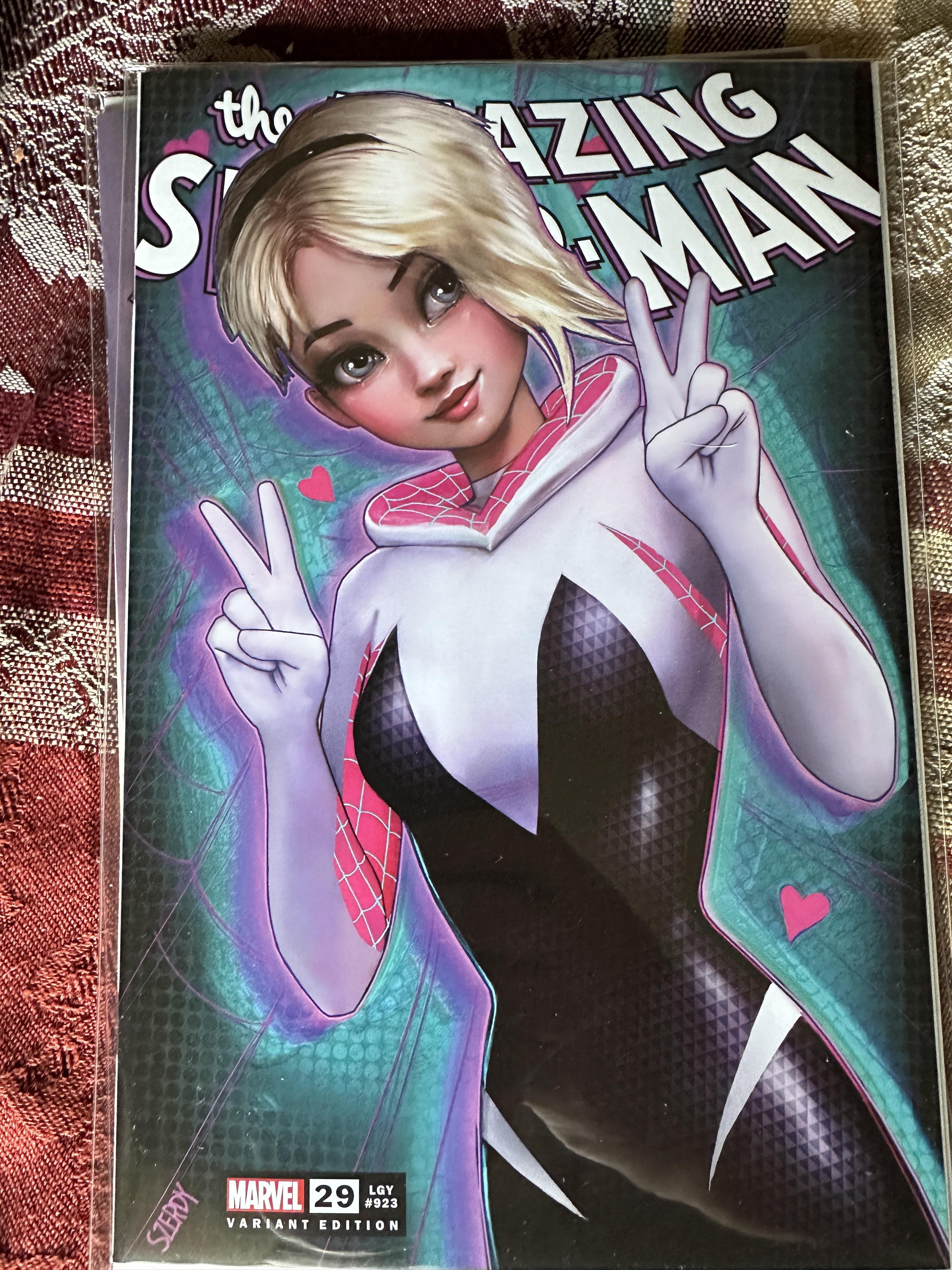 Gwen variant comic book covers featuring a blonde woman in a blue crop top, ripped jeans, and various bodysuits