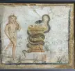 Roman fresco showing young Harpocrates, son of Isis and Osiris. The depicted deity approaches the altar, which is entangled by a snake eating sacrifices. Dated to the 1st century CE. [1200x1139]