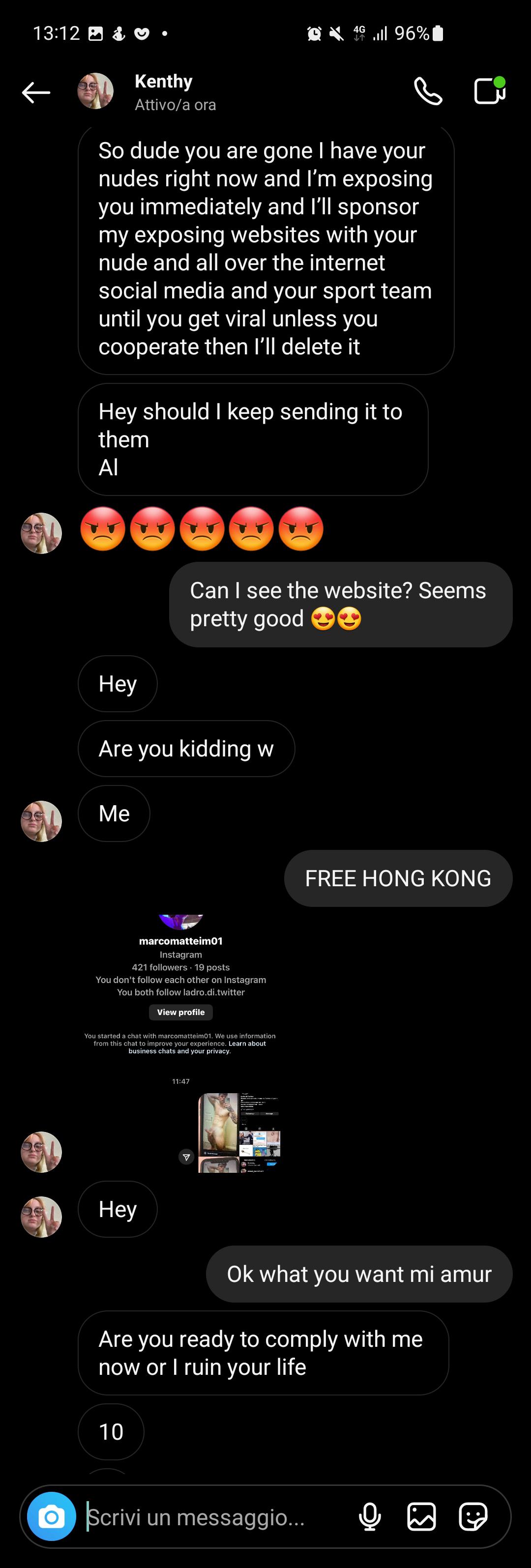 Scambaiting screenshots of a sextorter sending explicit messages and money requests via PayPal