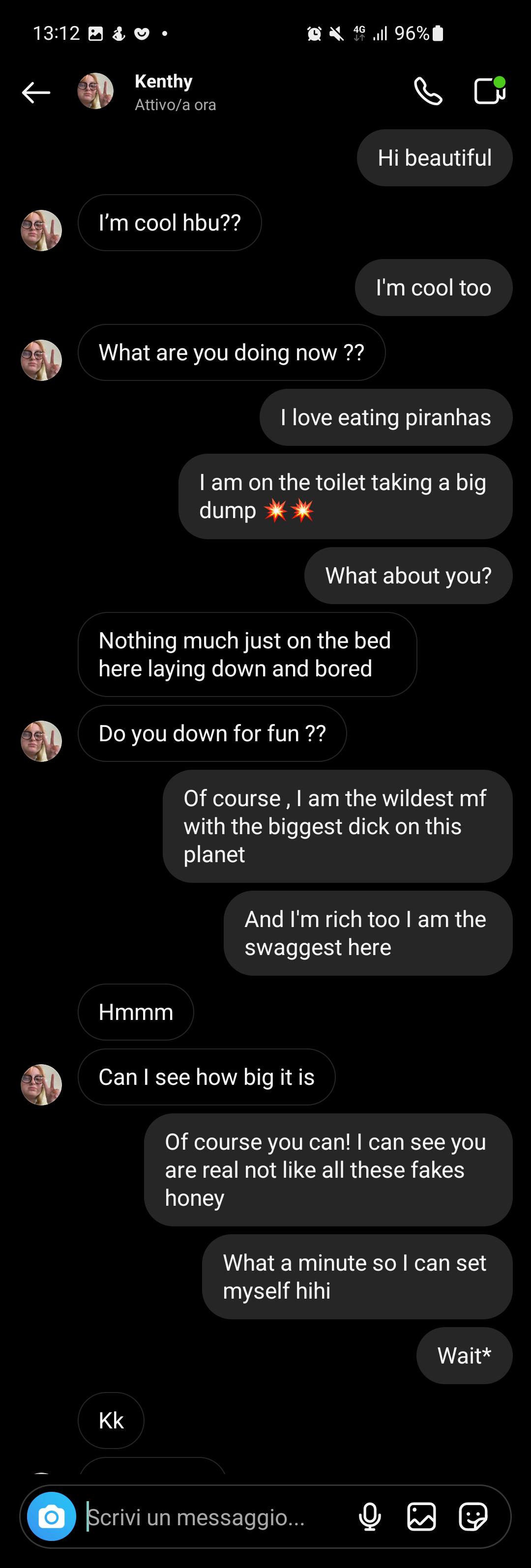 Scambaiting screenshots of a sextorter sending explicit messages and money requests via PayPal