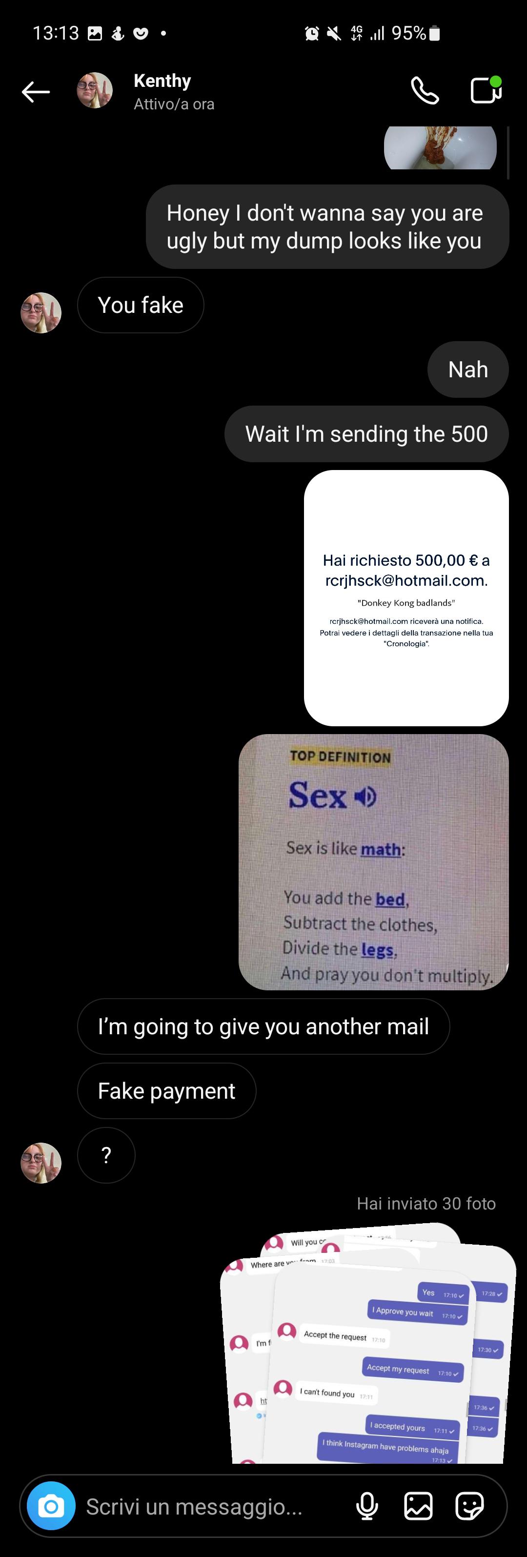 Scambaiting screenshots of a sextorter sending explicit messages and money requests via PayPal