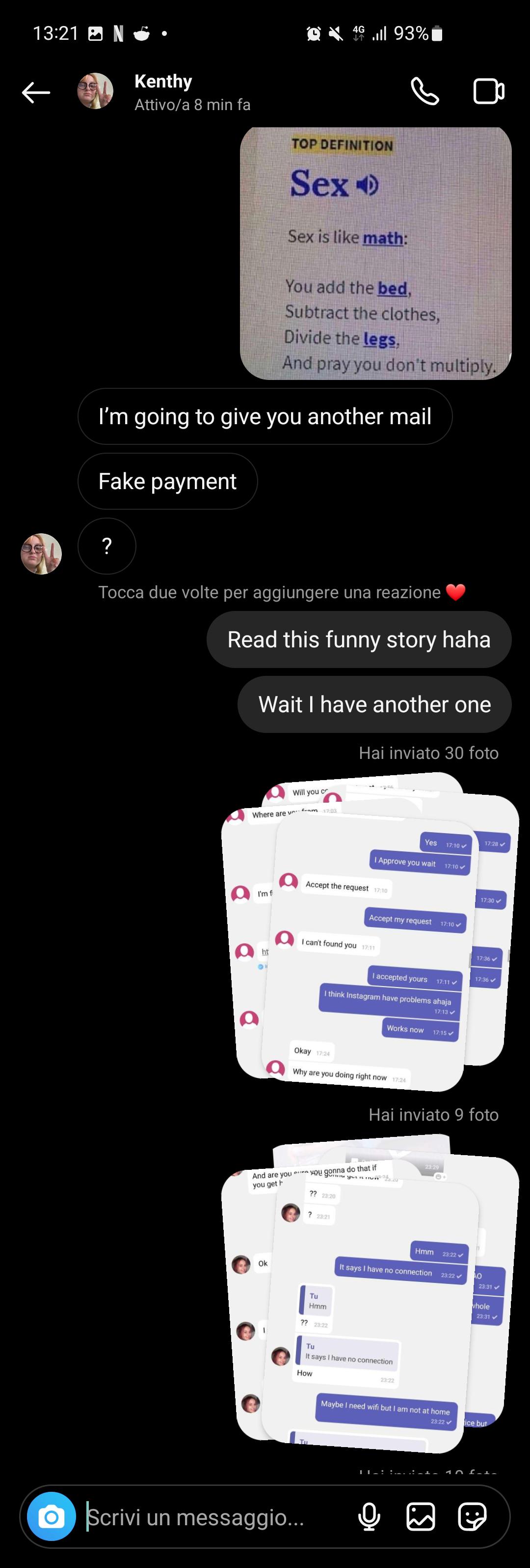 Scambaiting screenshots of a sextorter sending explicit messages and money requests via PayPal