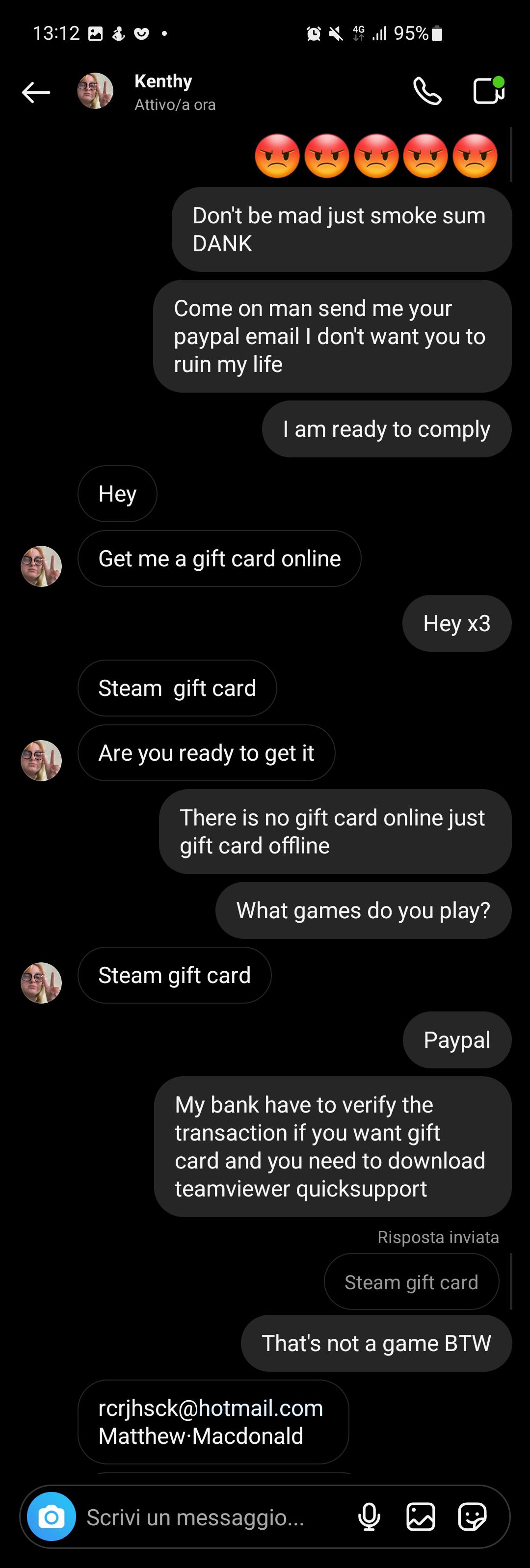 Scambaiting screenshots of a sextorter sending explicit messages and money requests via PayPal