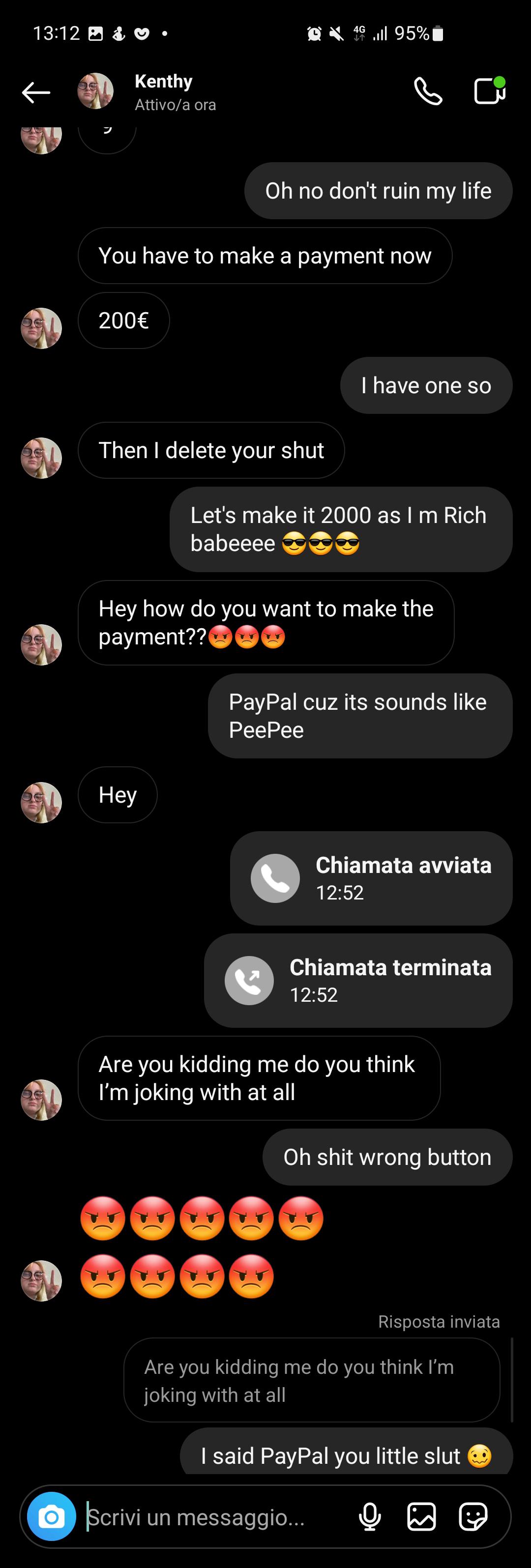 Scambaiting screenshots of a sextorter sending explicit messages and money requests via PayPal