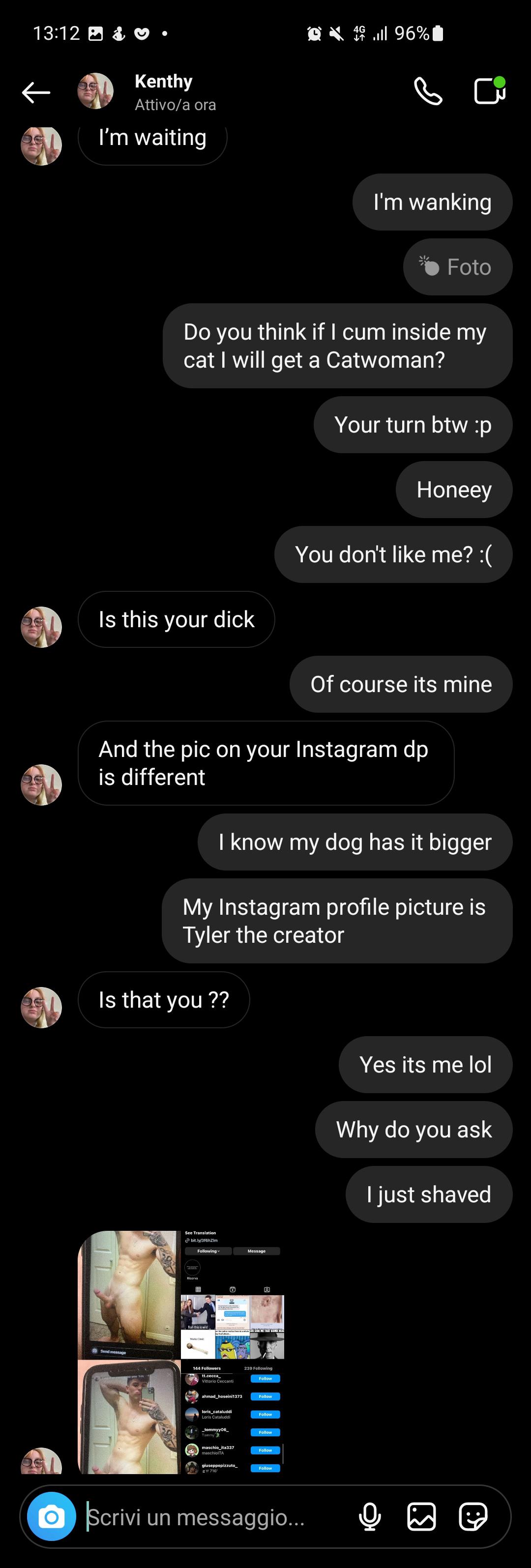 Scambaiting screenshots of a sextorter sending explicit messages and money requests via PayPal
