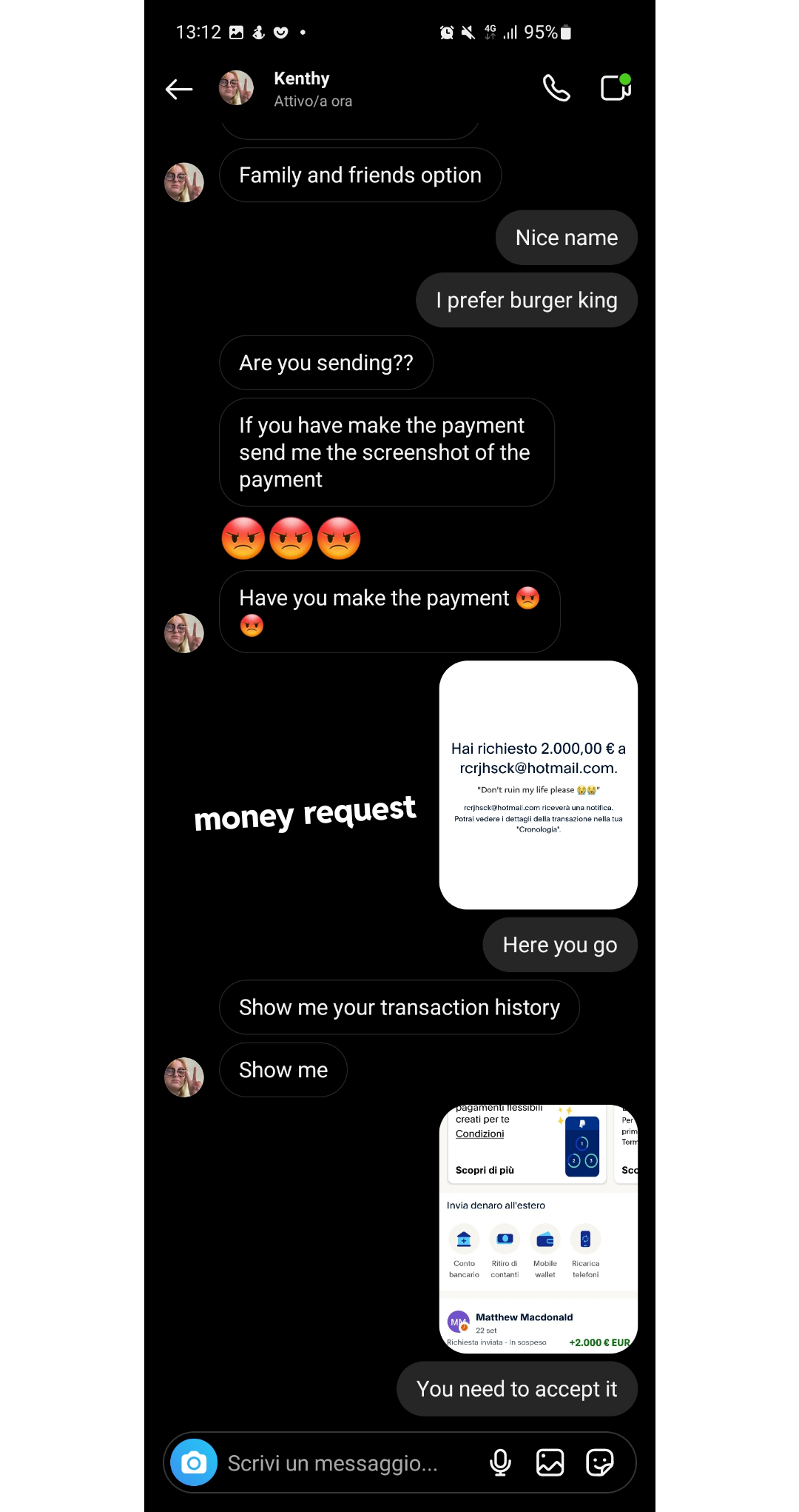 Scambaiting screenshots of a sextorter sending explicit messages and money requests via PayPal