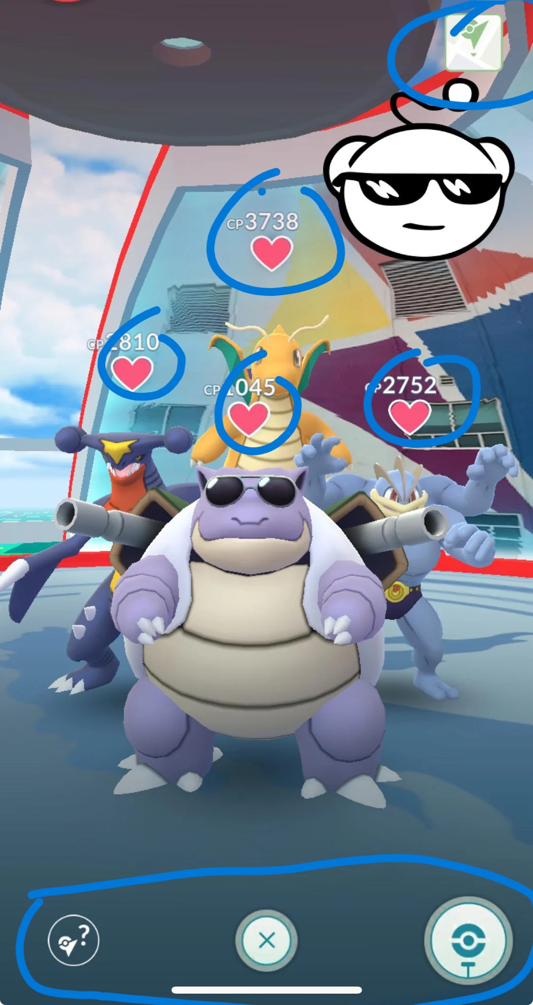 Cursed pokemon meme featuring Blastoise characters with funny faces and UI elements from a mobile game