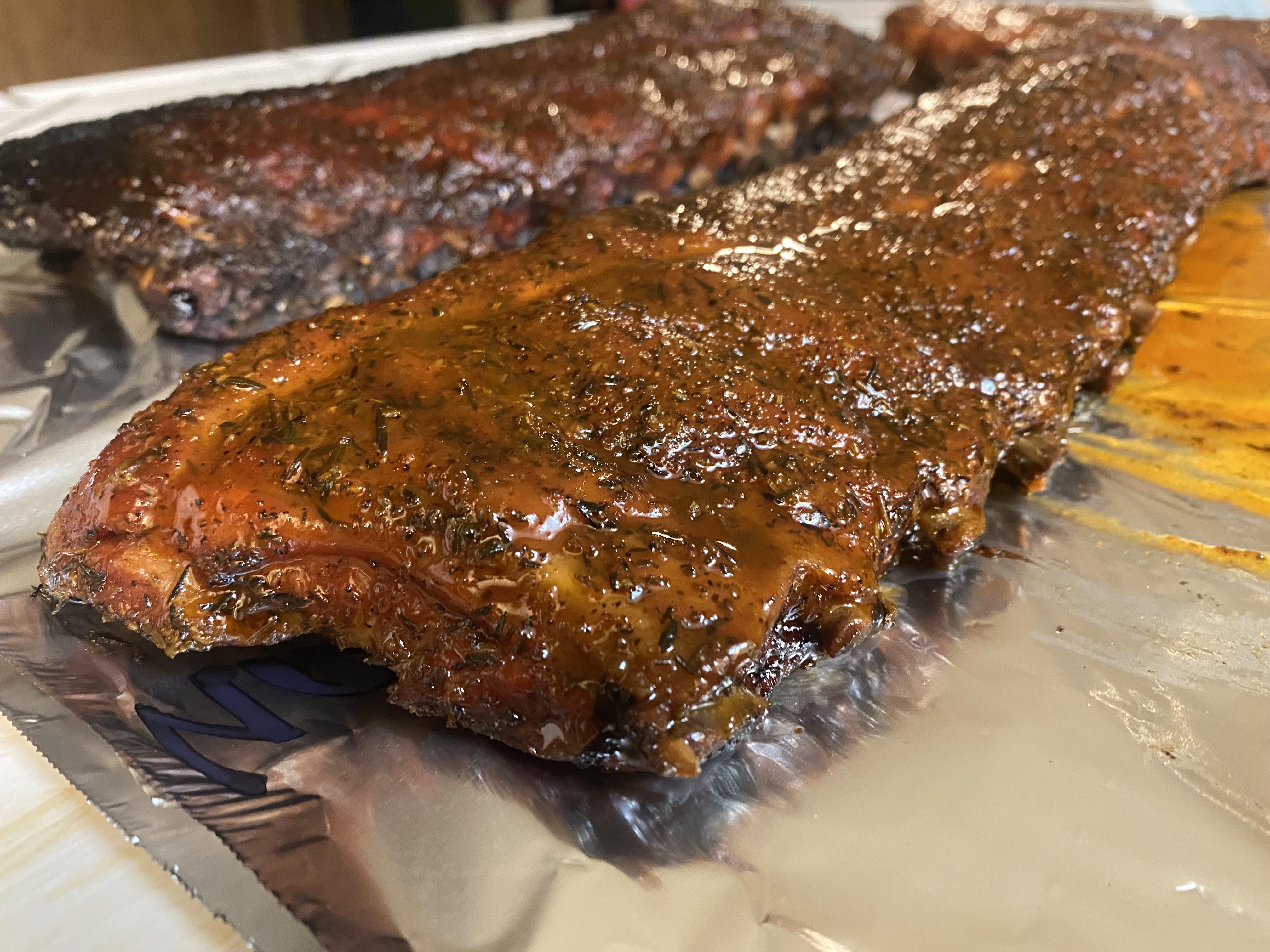 [homemade] cherry smoked ribs made for Christmas, dry rubbed, covered ...