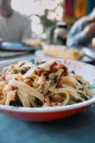 [OC] Summer carbonara with spinach, capers and sun-dried tomatoes 