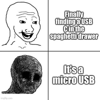 Dank meme with cartoon characters and text about finding a micro USB instead of a USB-C cable