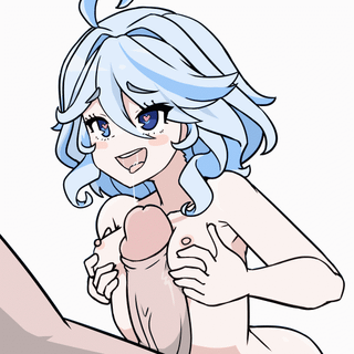 Anime femboy with short blue hair and pale skin masturbating