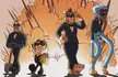 Cursed FNAF fan art of four characters in black suits and sunglasses walking away from a large explosion.