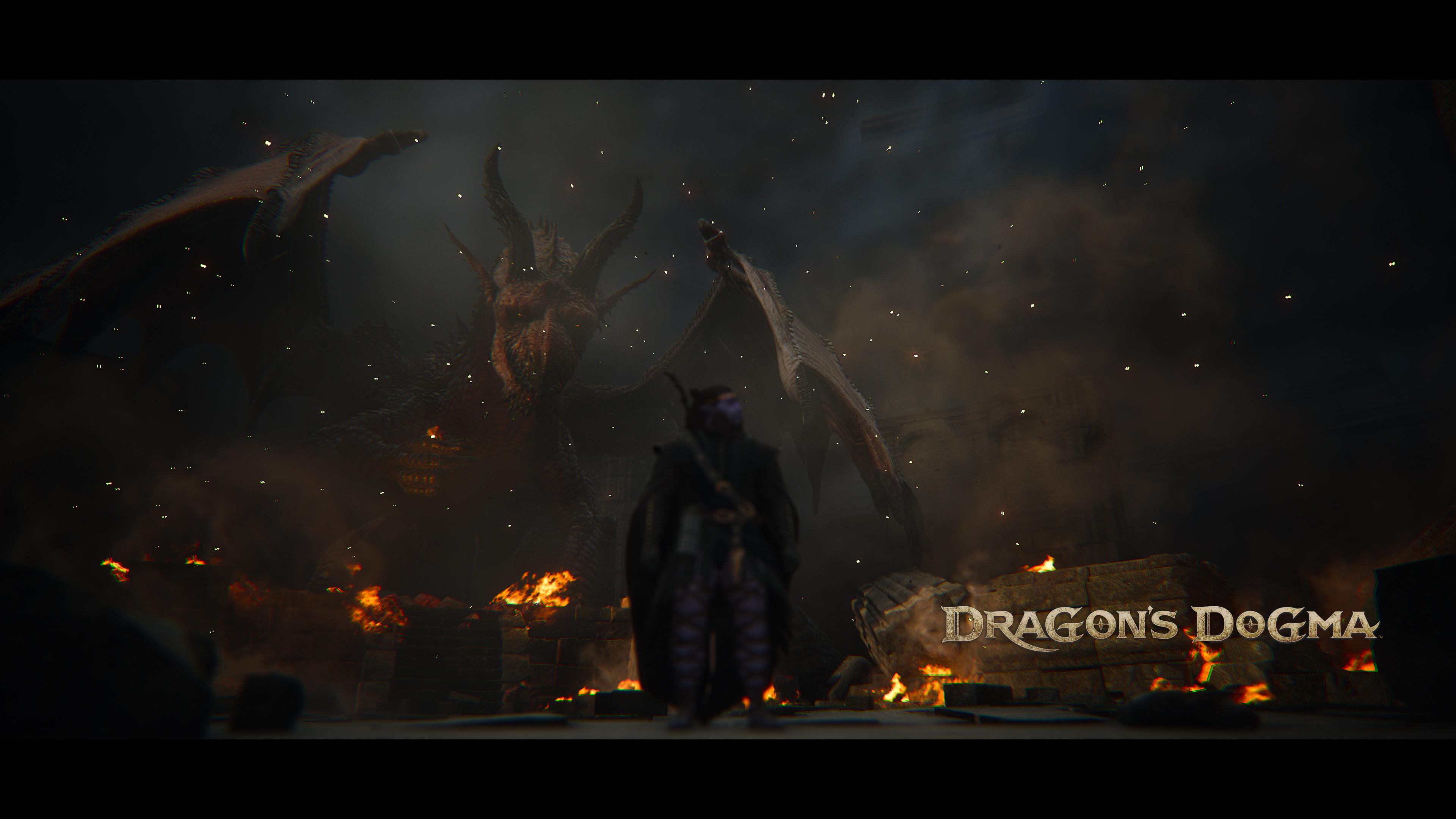Dragon's Dogma warrior in dark armor fighting a griffin with magic effects