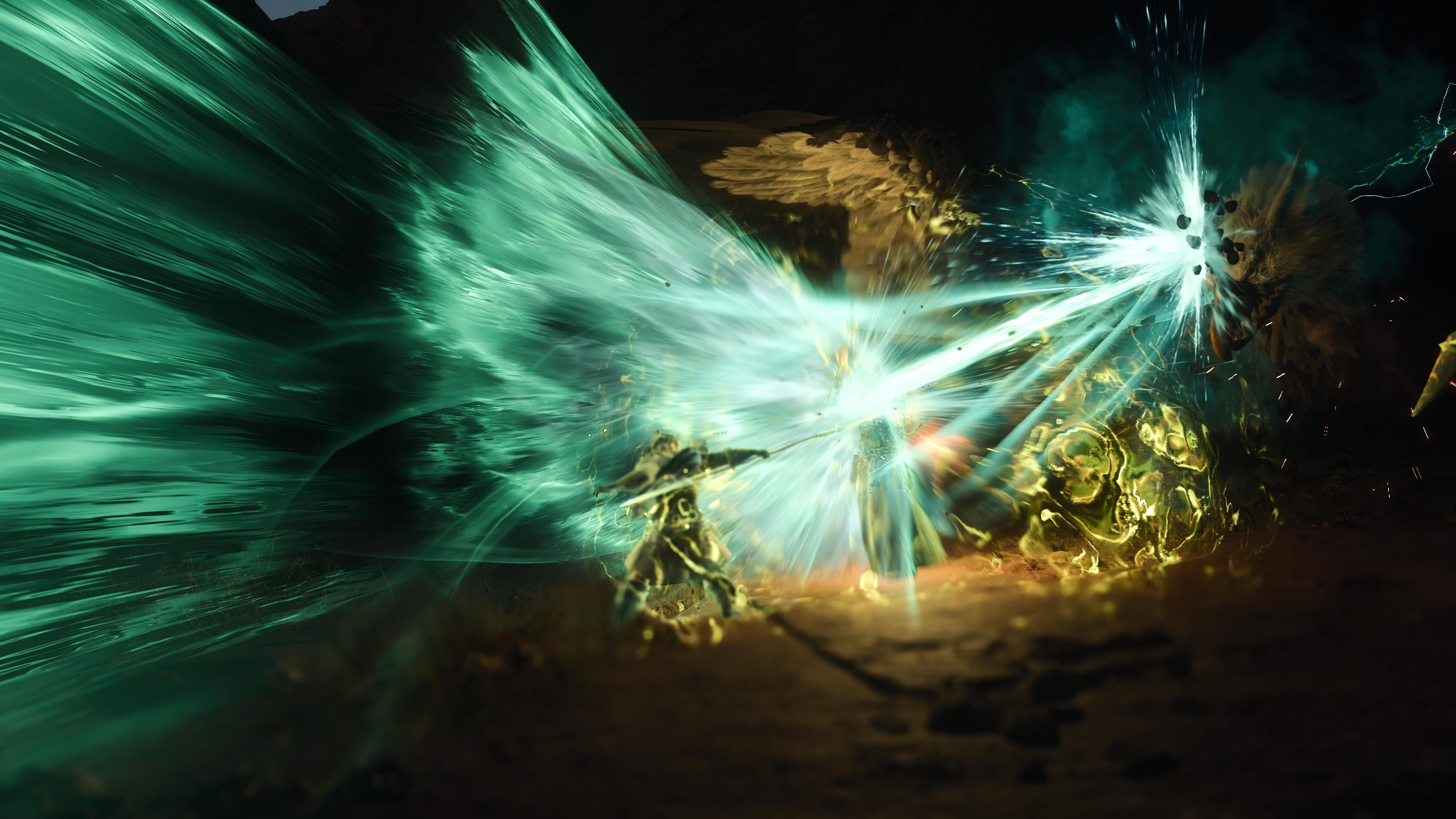 Dragon's Dogma warrior in dark armor fighting a griffin with magic effects