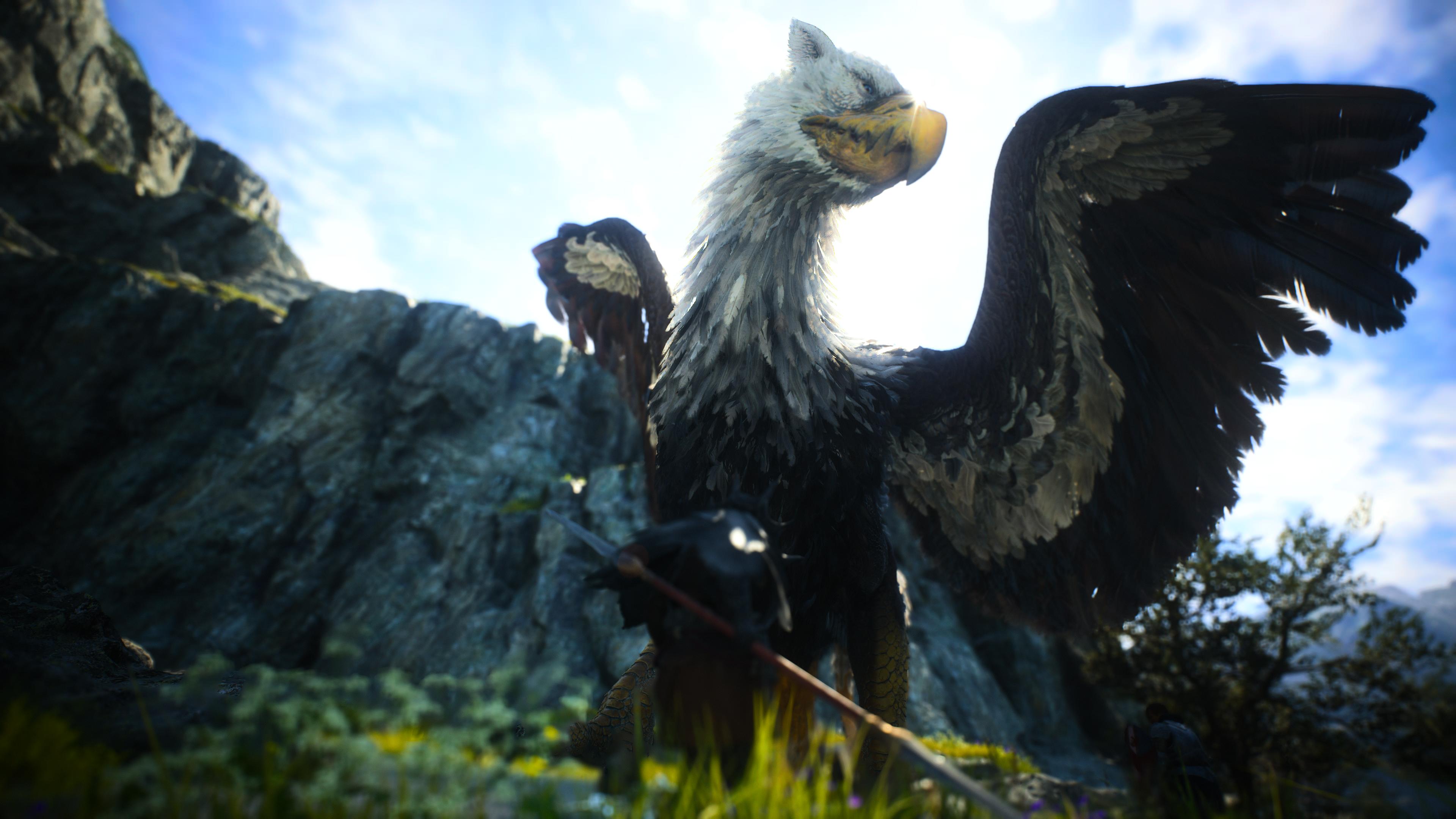 Dragon's Dogma warrior in dark armor fighting a griffin with magic effects
