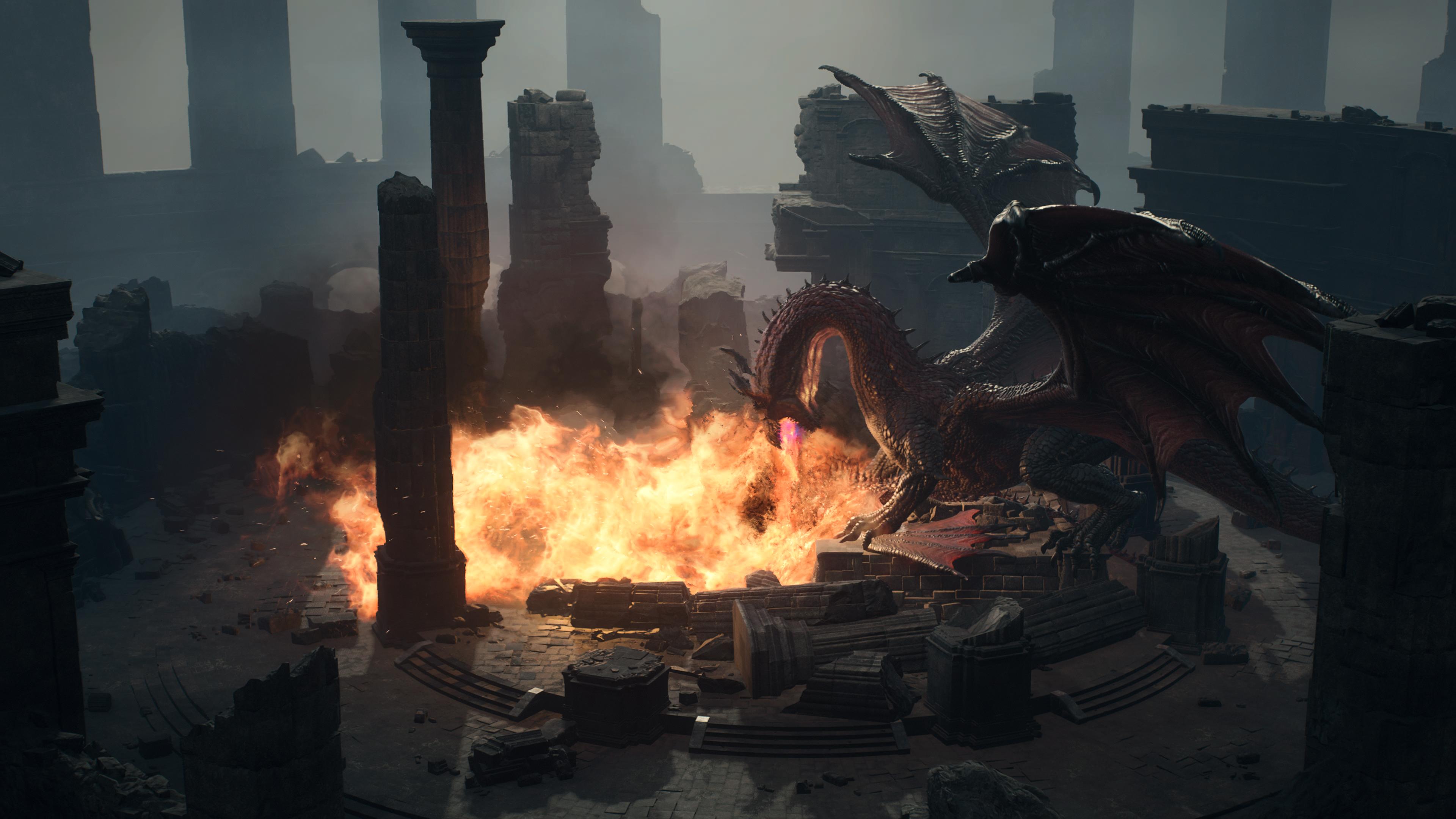 Dragon's Dogma warrior in dark armor fighting a griffin with magic effects