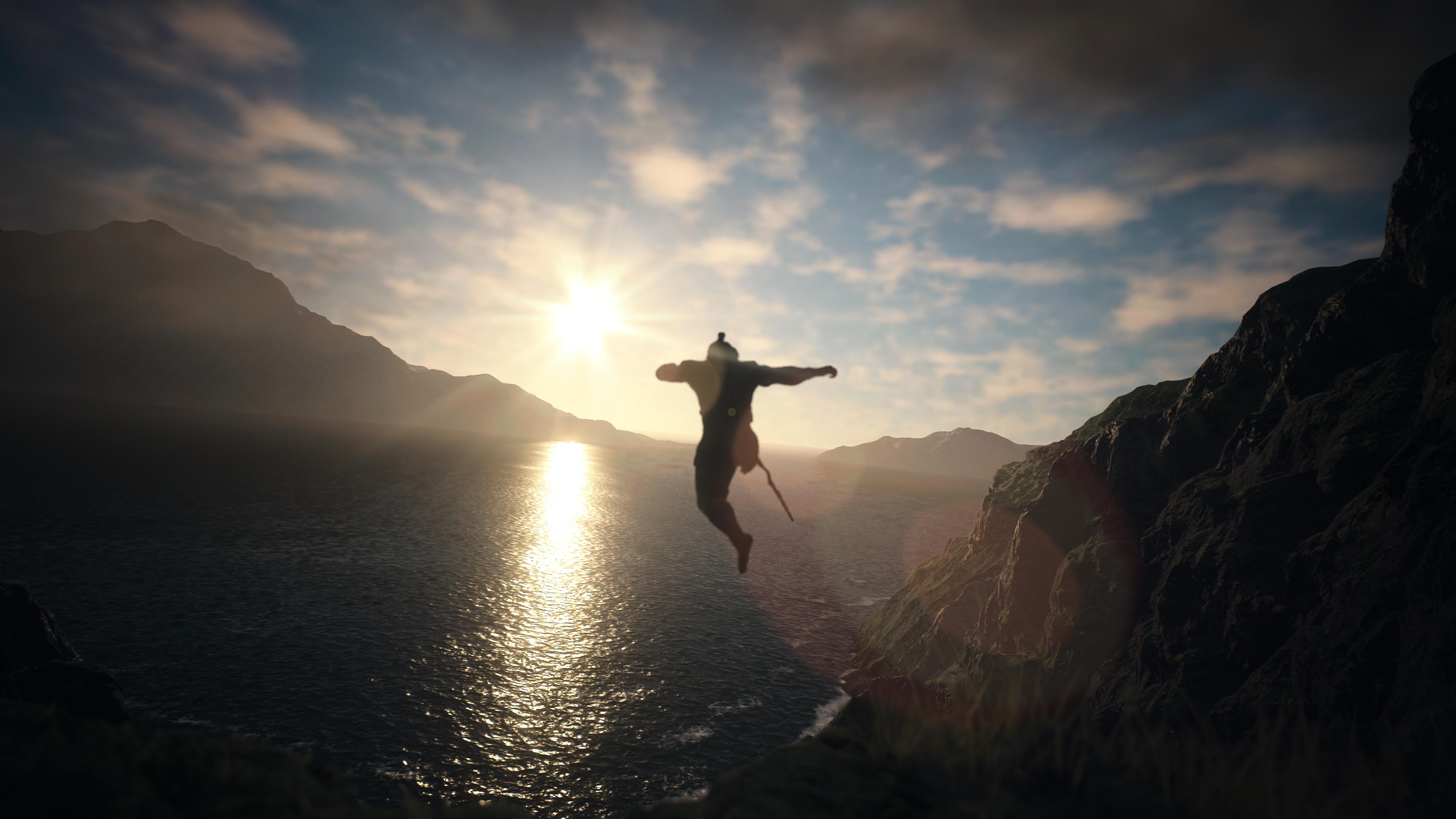 Dragon's Dogma warrior in dark armor fighting a griffin with magic effects
