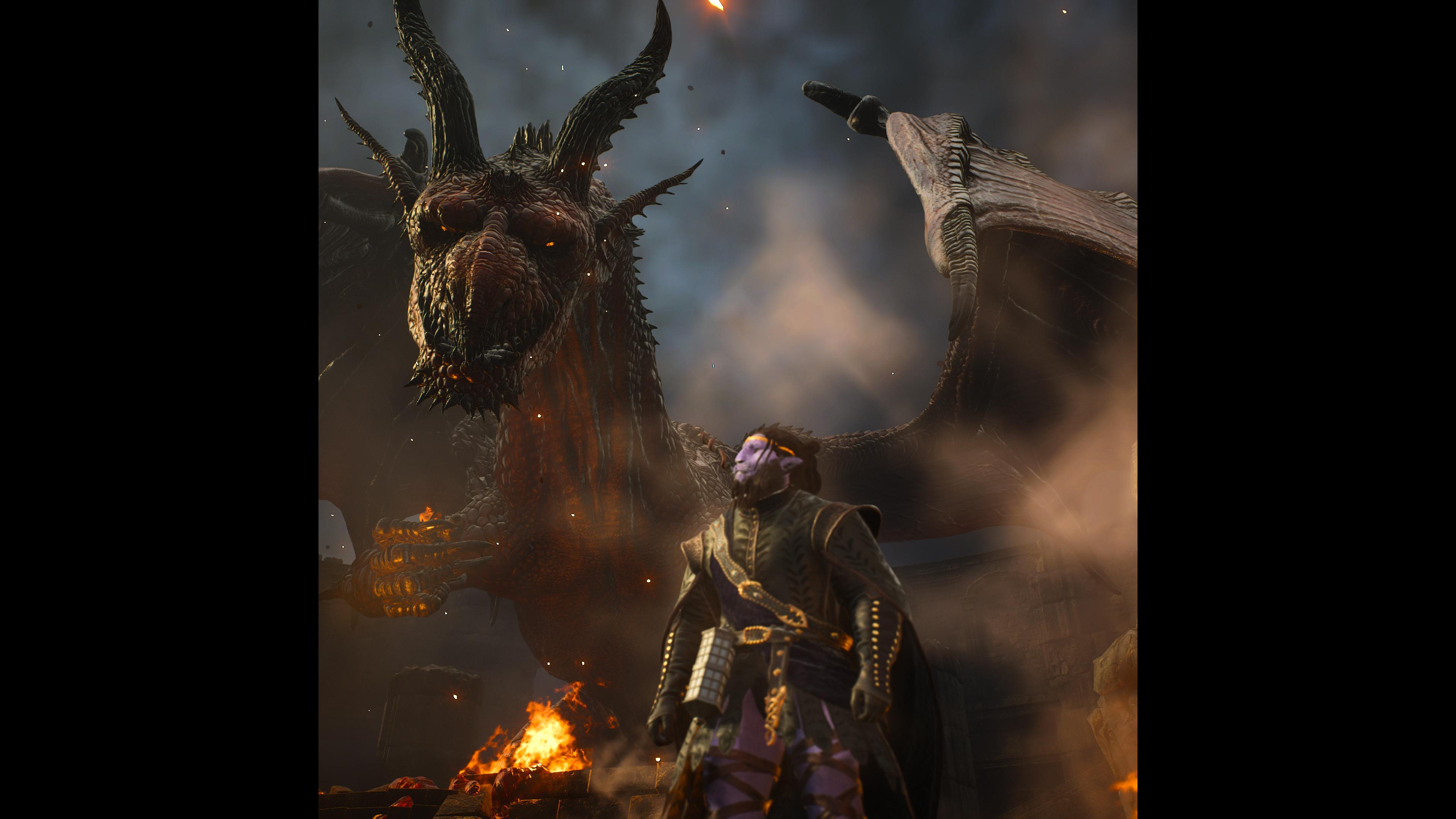 Dragon's Dogma warrior in dark armor fighting a griffin with magic effects