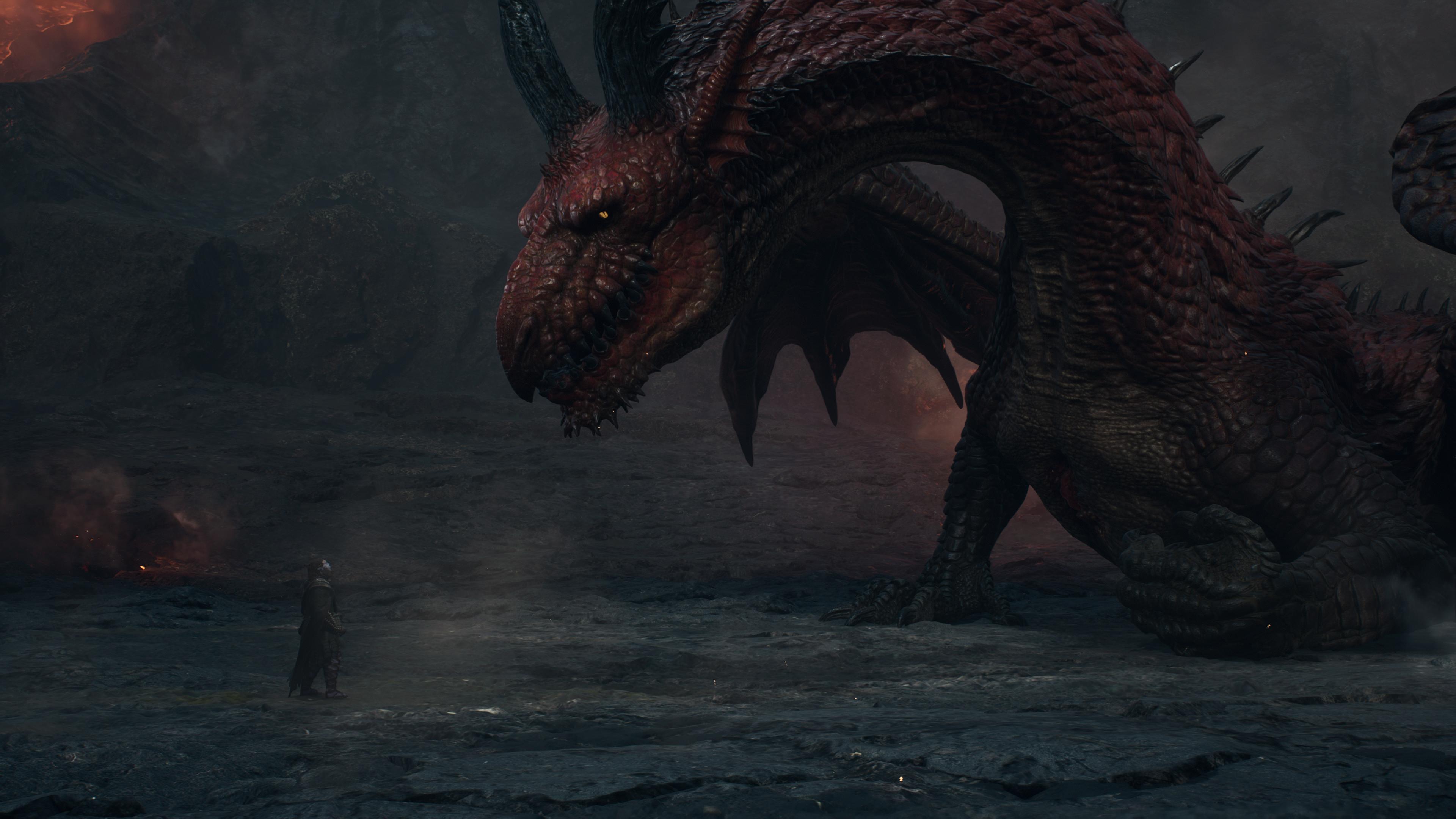 Dragon's Dogma warrior in dark armor fighting a griffin with magic effects