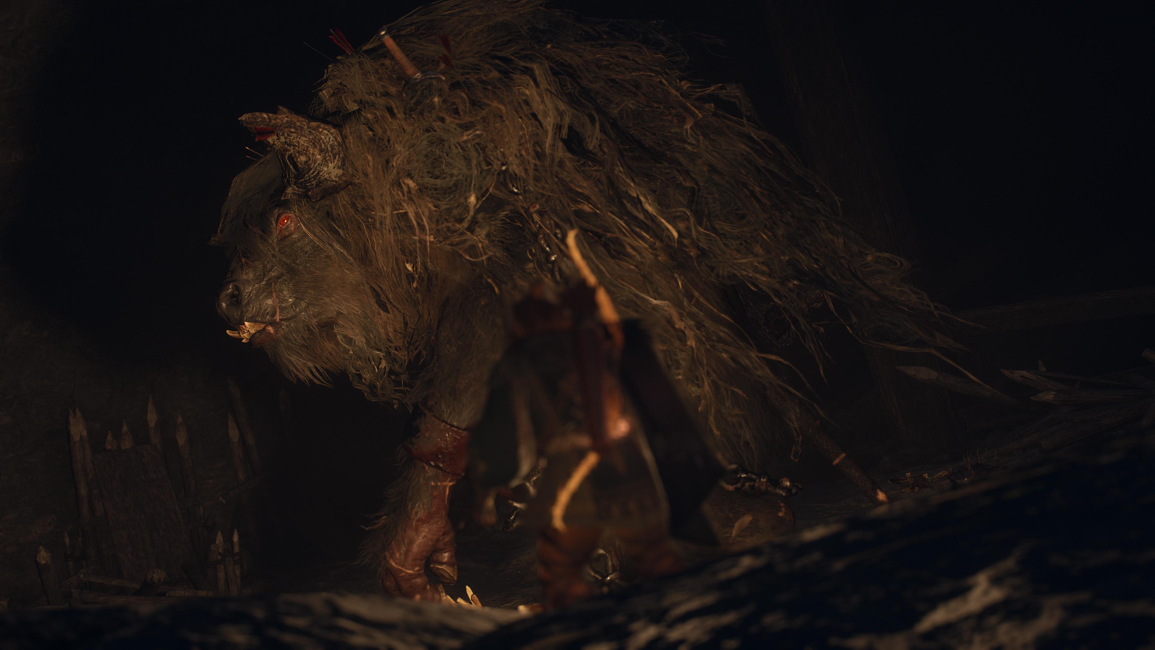 Dragon's Dogma warrior in dark armor fighting a griffin with magic effects