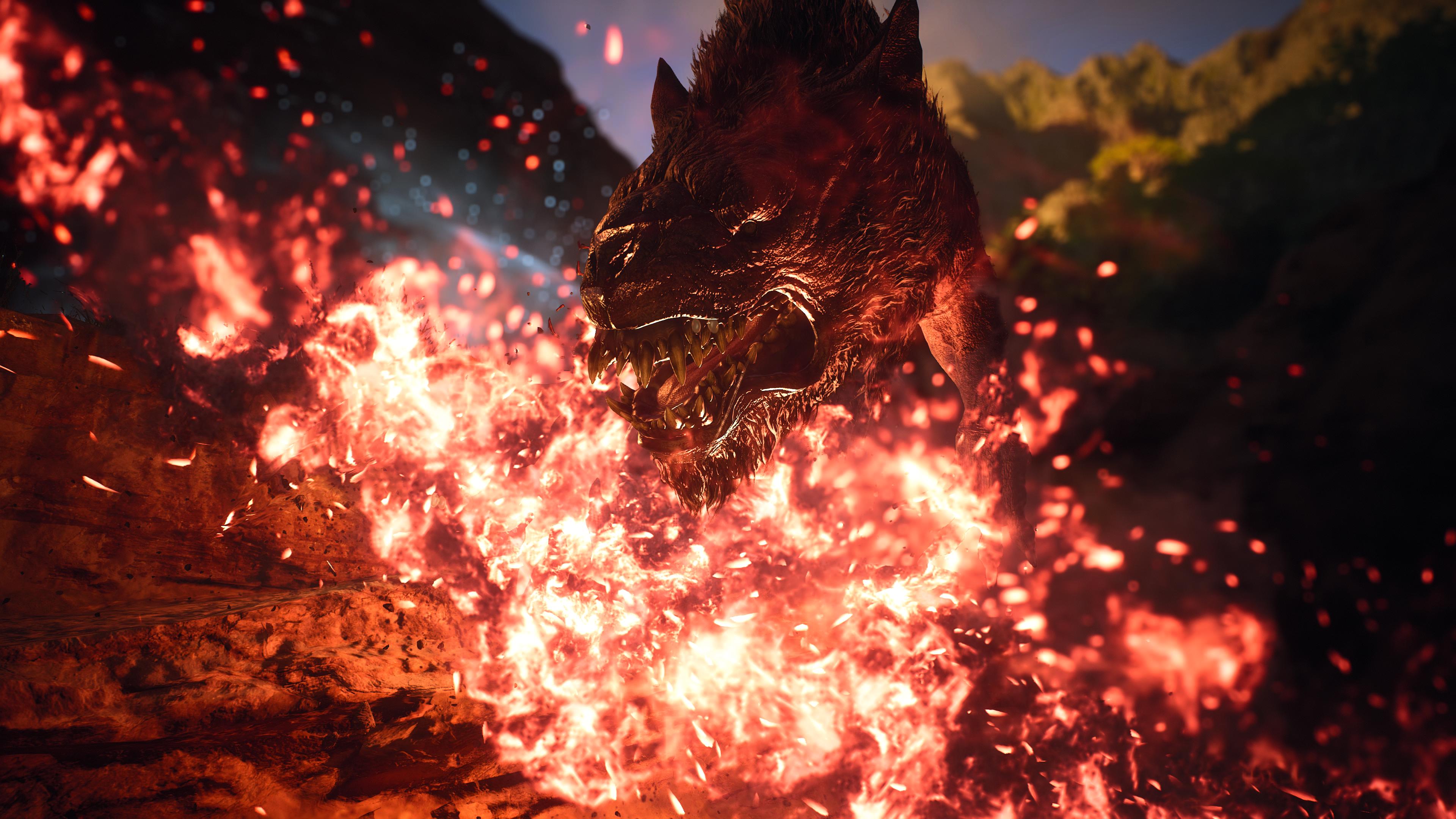 Dragon's Dogma warrior in dark armor fighting a griffin with magic effects