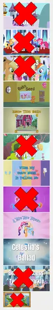 My Little Pony fan art panels featuring Babs Seed and other cartoon ponies with red X symbols