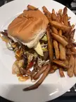 Skirt steak / avocado cheese with peppers and onions. House fries.