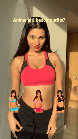 Slim Indian desi girl posing in anime-inspired beach outfits and bikinis, showing her navel.