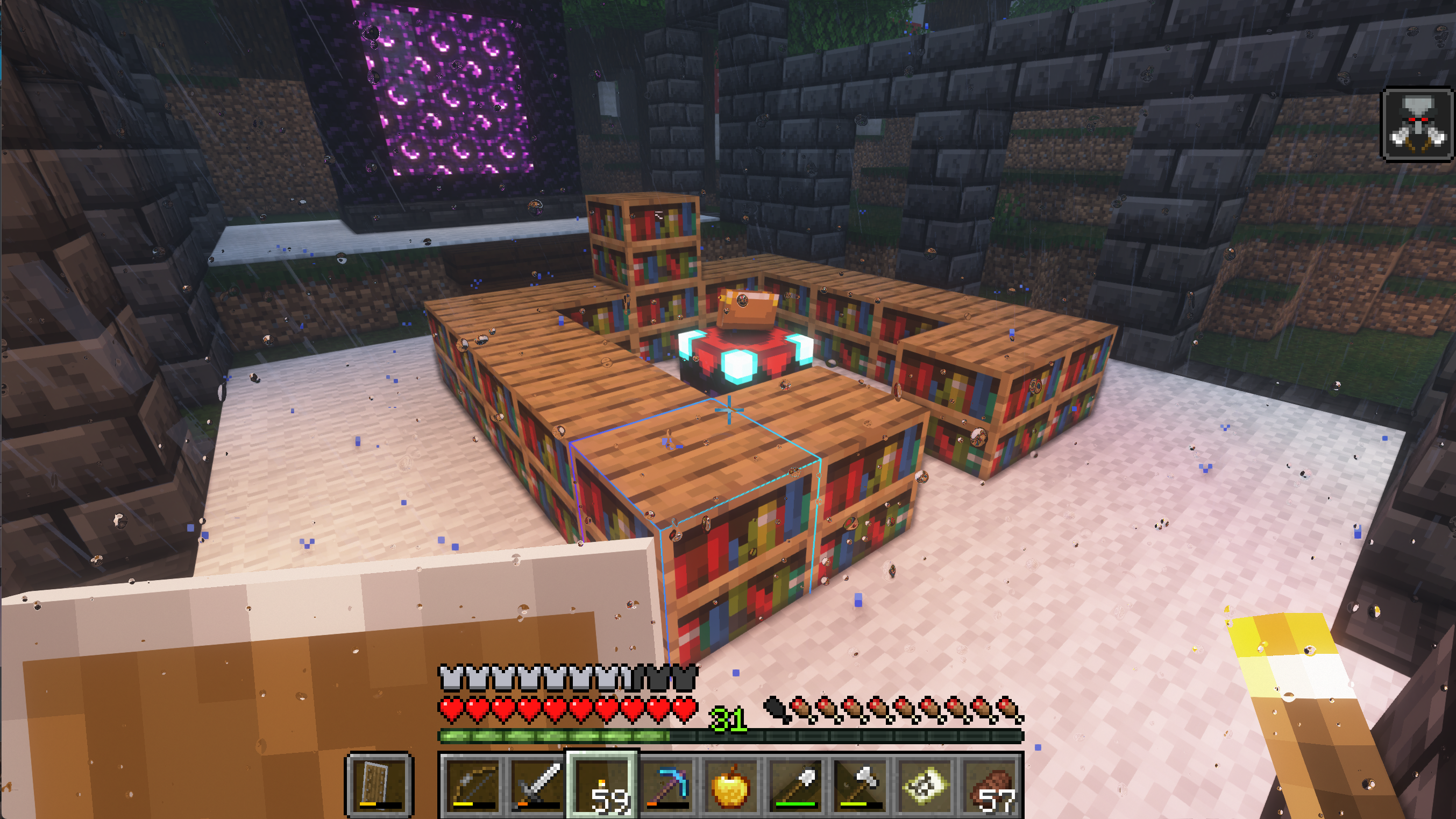 Minecraft survival build of a small stone room with bookshelves and a glowing entity during rain