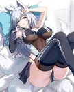 Shinano from Azure Lane, a busty anime fox girl in a revealing black and white bodysuit lying on a fluffy white surface