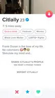 A trashy Tinder profile for Citlally featuring a list of interests and a request for no colonizers.