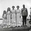 Tsar Nicholas II and his daughters on the beach of the Lower Dacha, c. 1914
