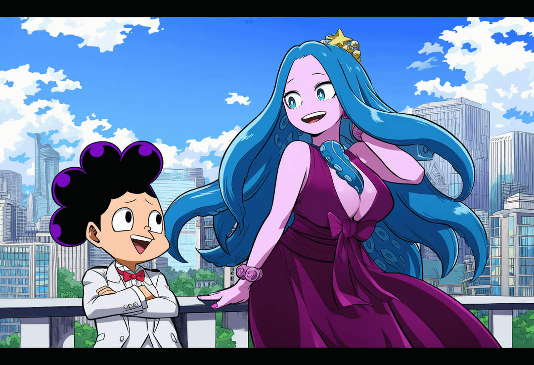 Ami Polypus, a tall blue-haired monster girl in a purple dress, with a purple-haired boy in a white suit on a balcony.