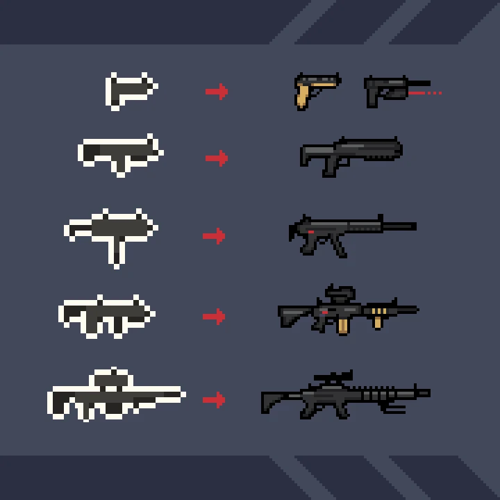 Finally updated some gun sprites for a 2D game I am working on. | Scrolller