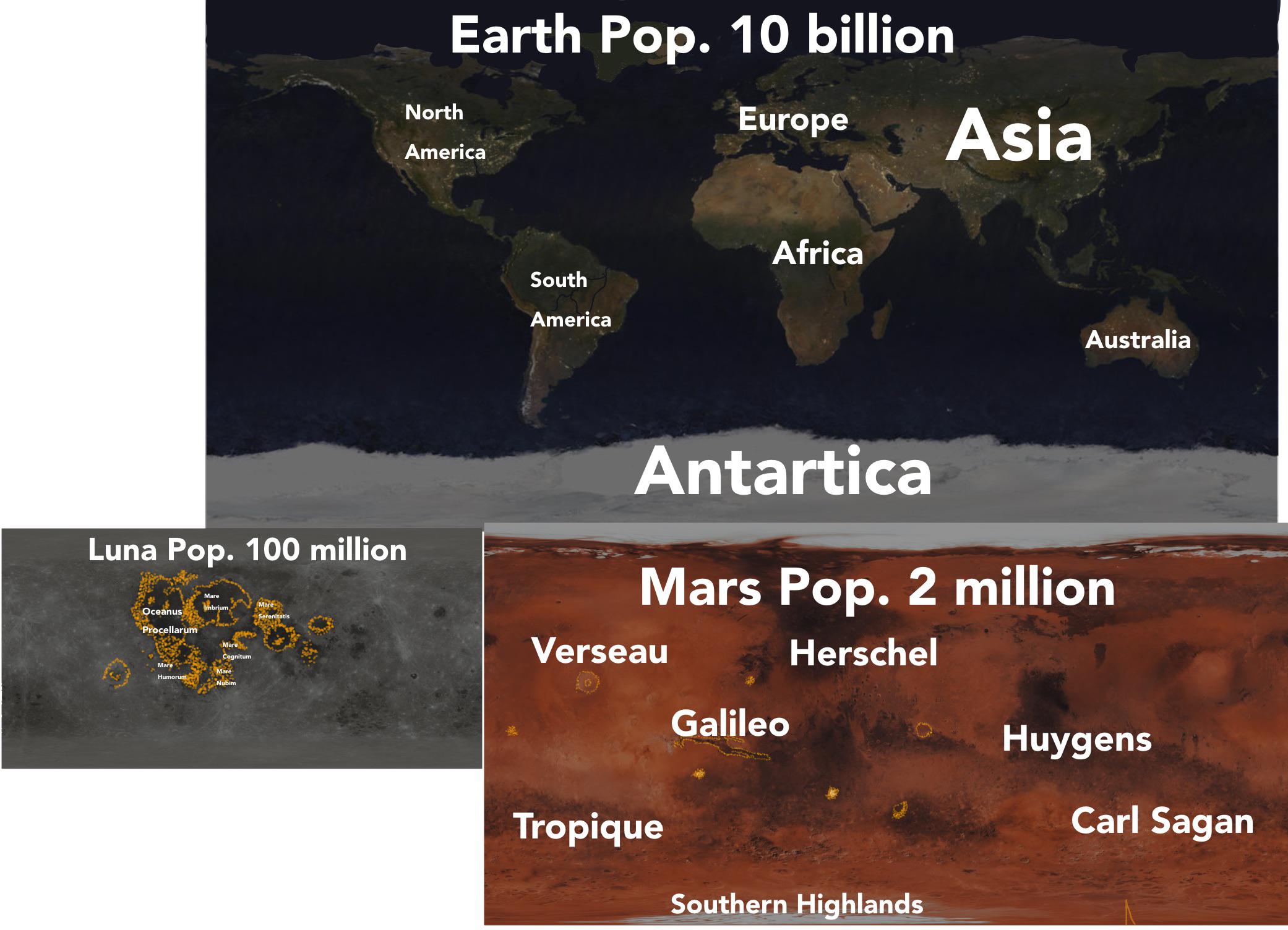 Mars Population Earth, Moon, and Mars in 2100, continents included | Scrolller