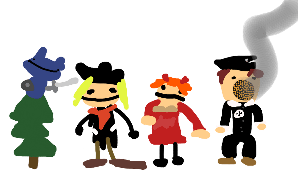 ebf peeps including a blue creature, a person in a cowboy hat and red scarf, a red dress, and a black uniform