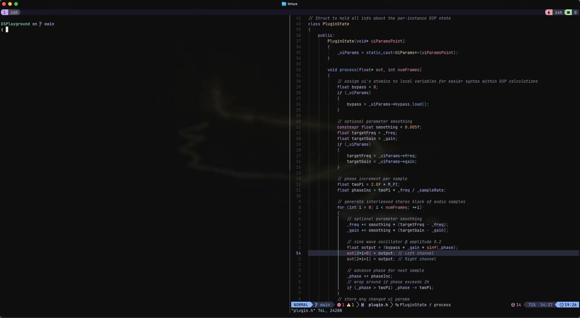 Prototype C++ DSP live in the terminal