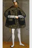 Fine art oil painting of a slender man with a reddish-brown beard in a black and gold embroidered cloak and white tights