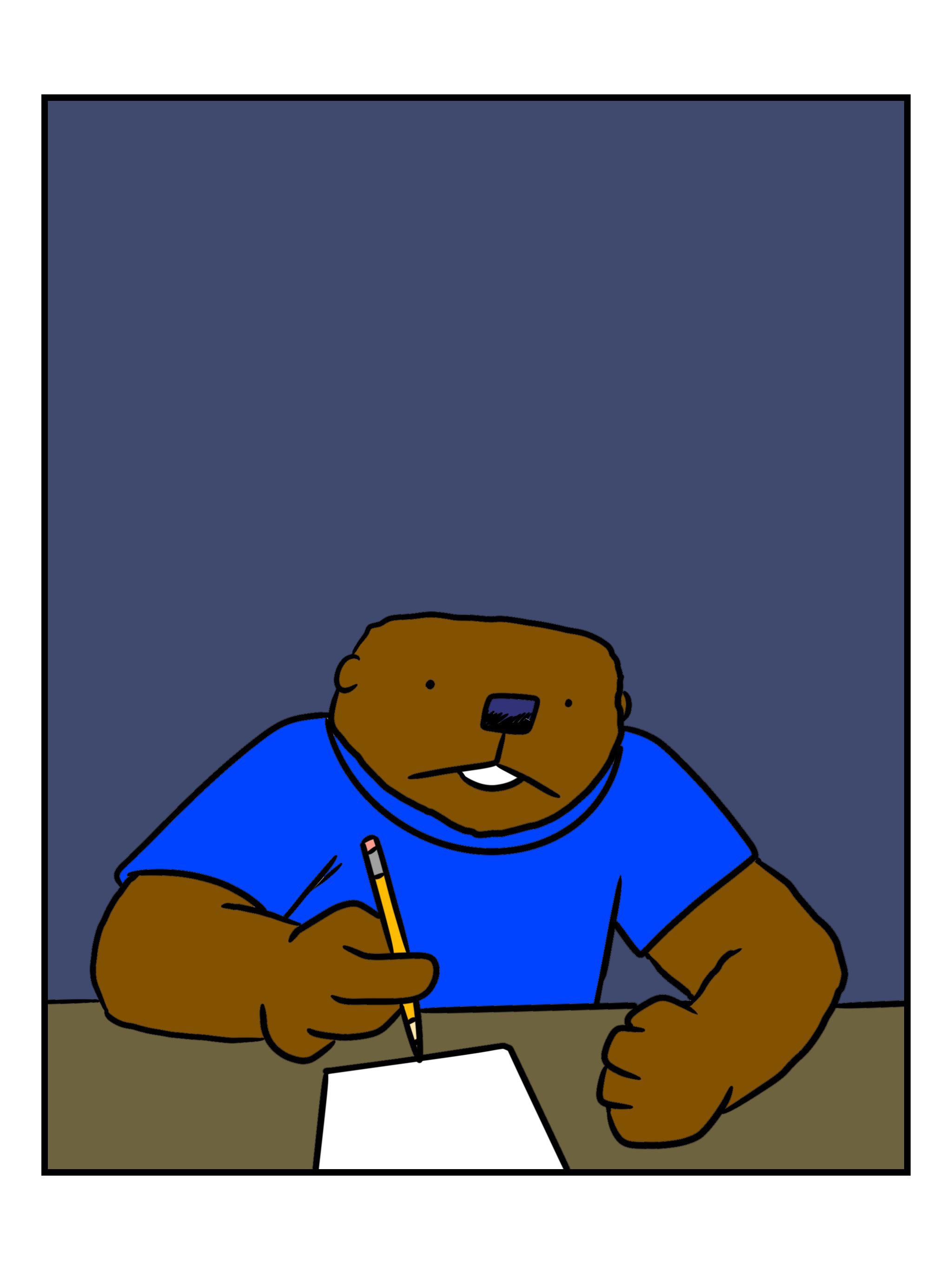 Maurice, an anthropomorphic brown bear in a blue t-shirt, writing on paper with a pencil.