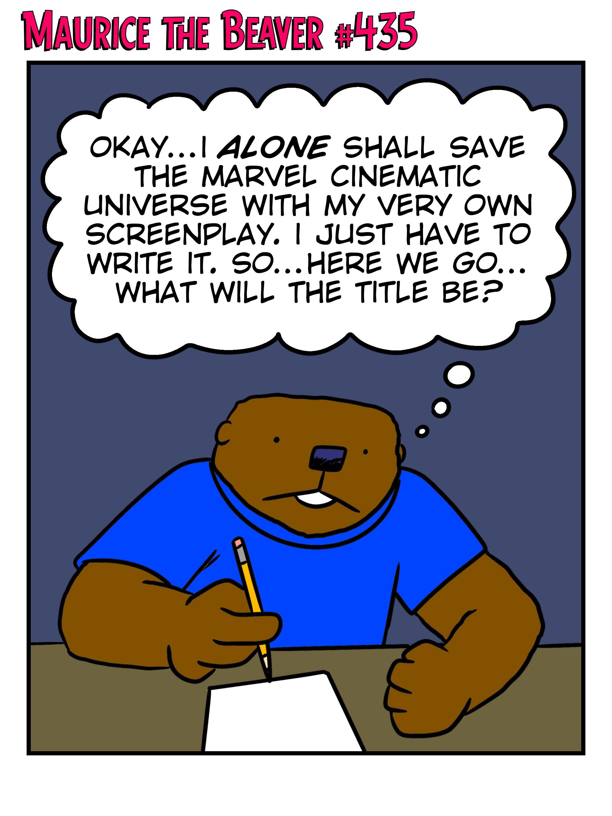 Maurice, an anthropomorphic brown bear in a blue t-shirt, writing on paper with a pencil.
