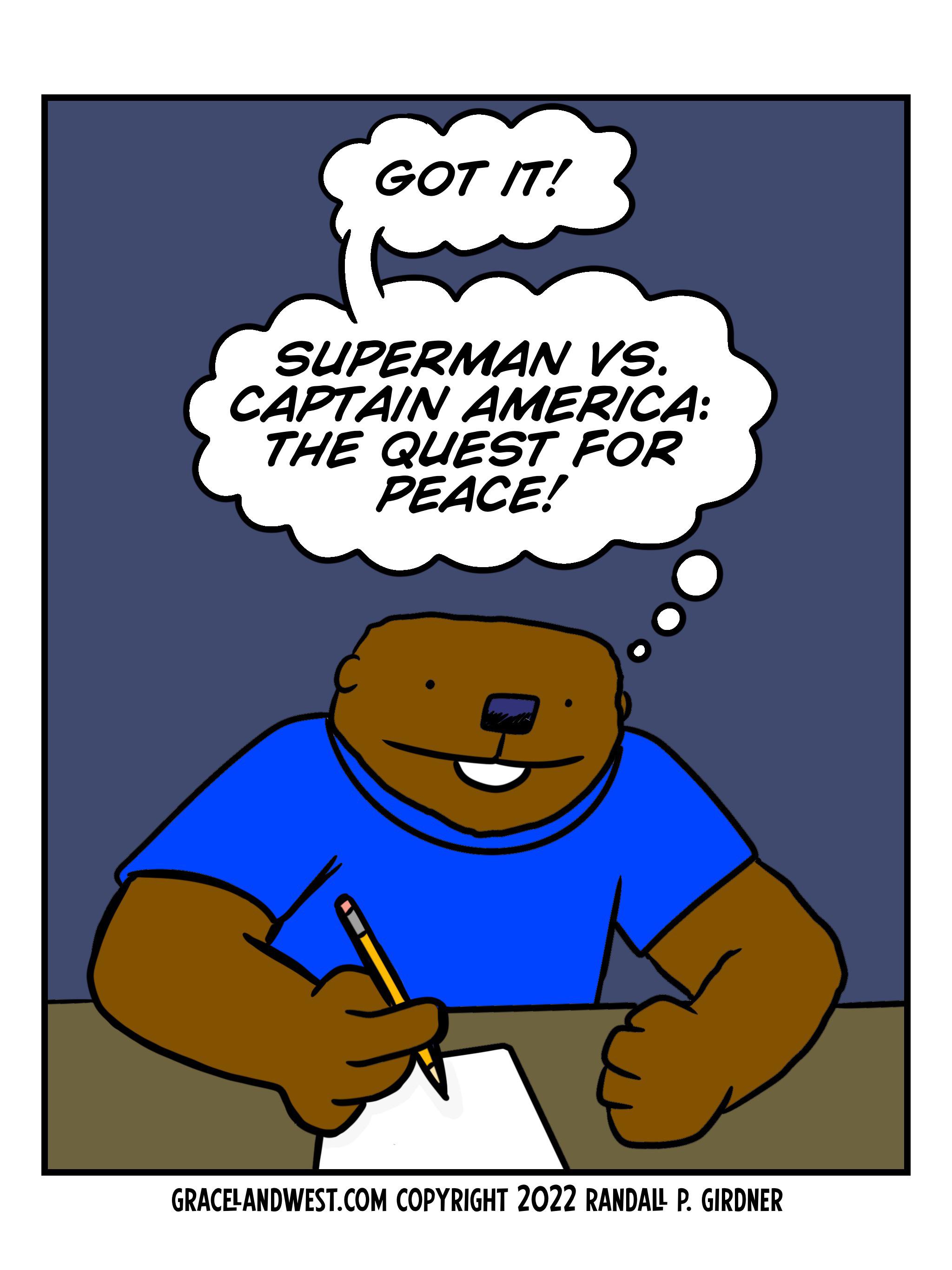 Maurice, an anthropomorphic brown bear in a blue t-shirt, writing on paper with a pencil.