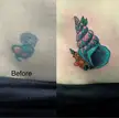 Tattoo cover-up by Cat at Dark Horse Tattoo showing a faded tattoo next to a colorful seashell and flowers on fair skin