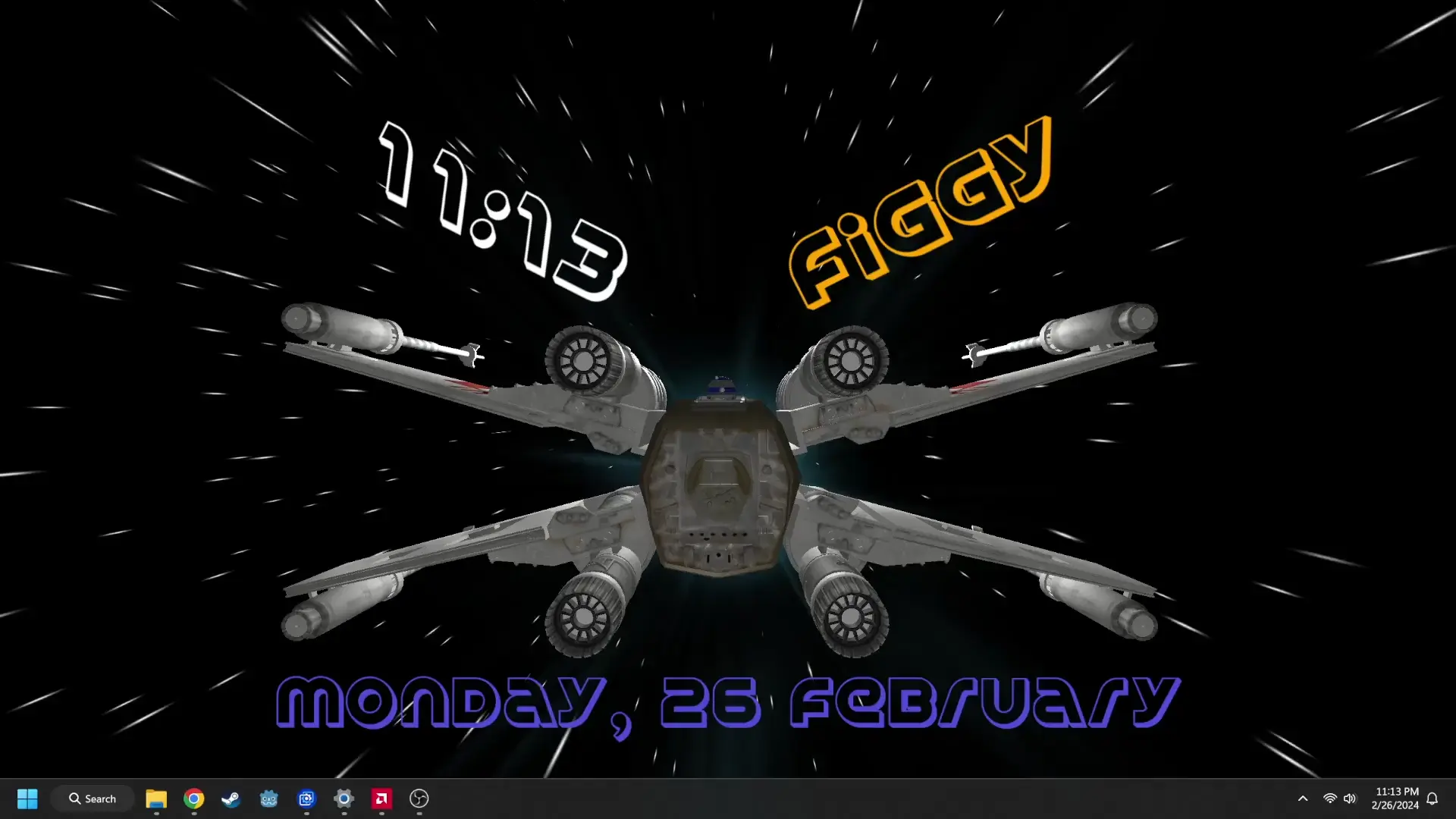 Customizable X-Wing going through hyper space.